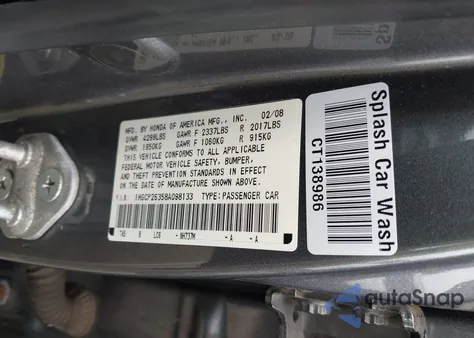 2008 Honda Accord 2.4 Lx из США, поврежденный, VIN 1HGCP26358A098133